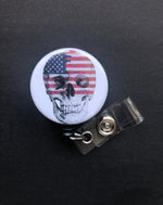 American Flag and Skull Badge Reel, Retractable ID Badge Holder
