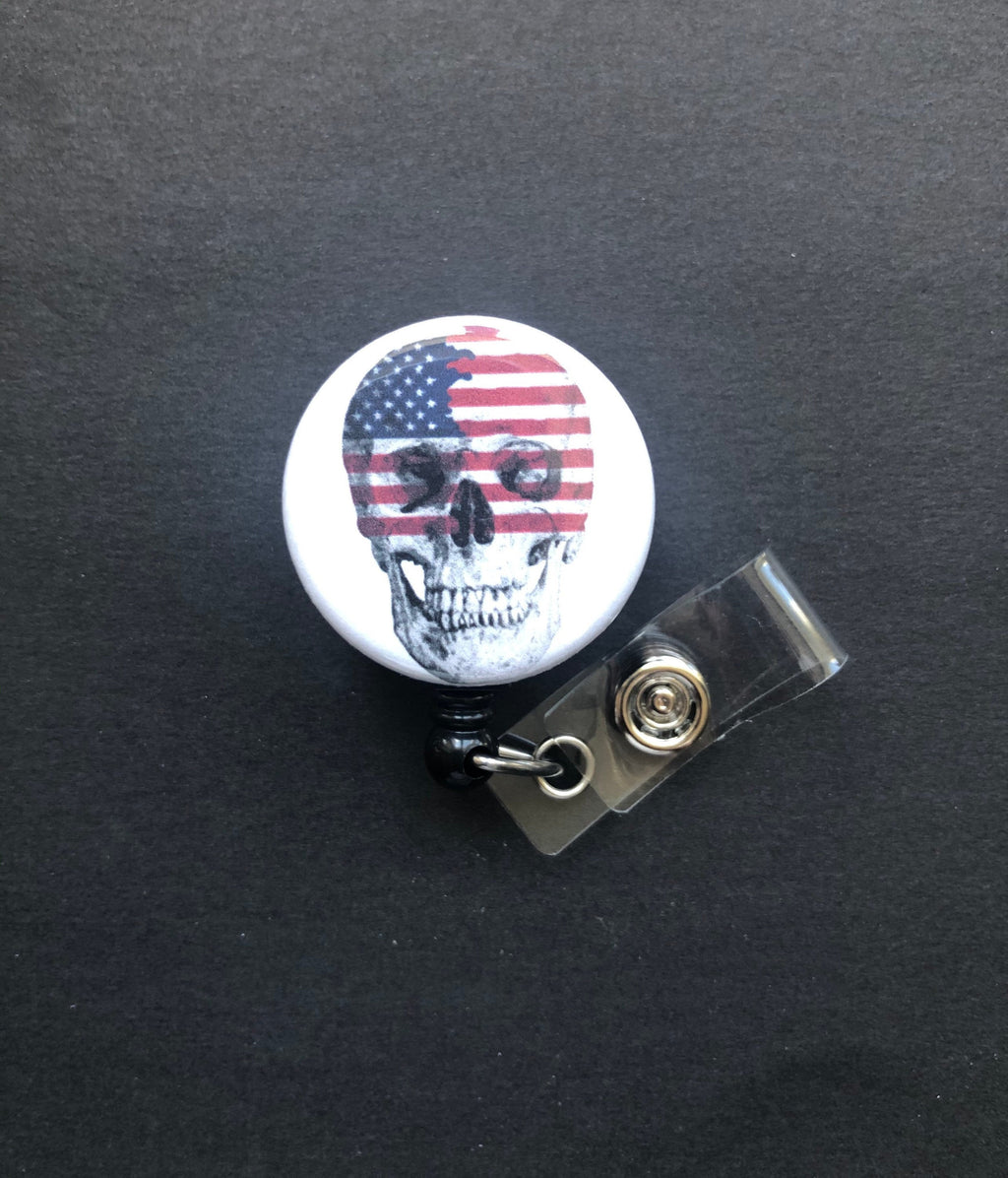 American Flag and Skull Badge Reel, Retractable ID Badge Holder
