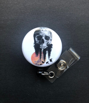 Skull In Woods Badge Reel, Retractable ID Badge Holder, Moon, Trees