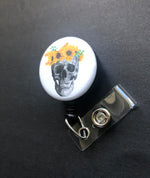Skull and Sunflower Badge Reel, Flower Crown, Retractable ID Badge Holder