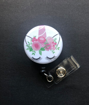 Unicorn with Flowers Retractable Badge Holder, Reel ID Badge