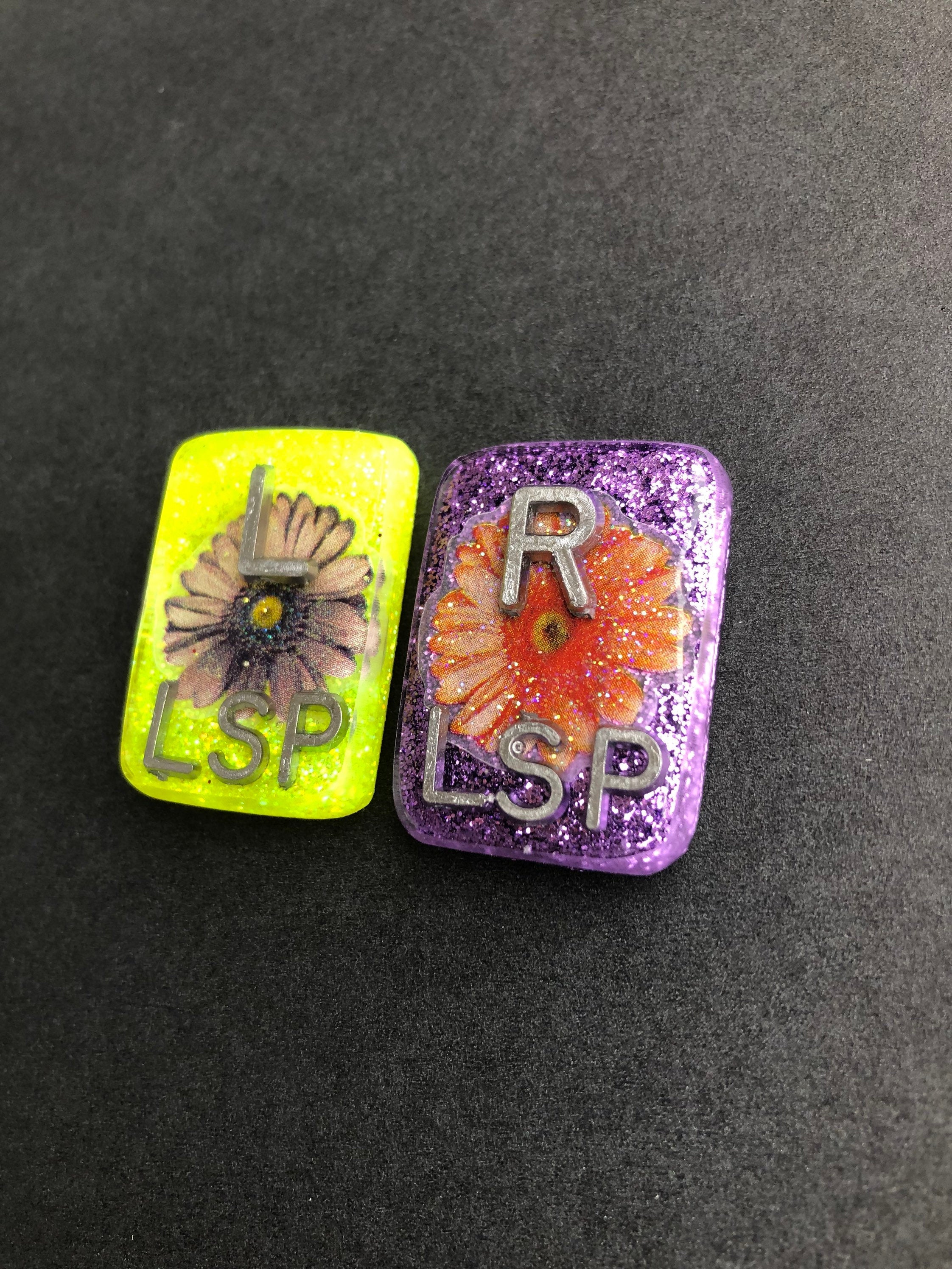 Daisy Xray Markers, With 2 or 3 Initials, Large Rectangle, Glitter, Purple and Orange