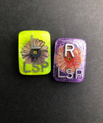 Daisy Xray Markers, With 2 or 3 Initials, Large Rectangle, Glitter, Purple and Orange