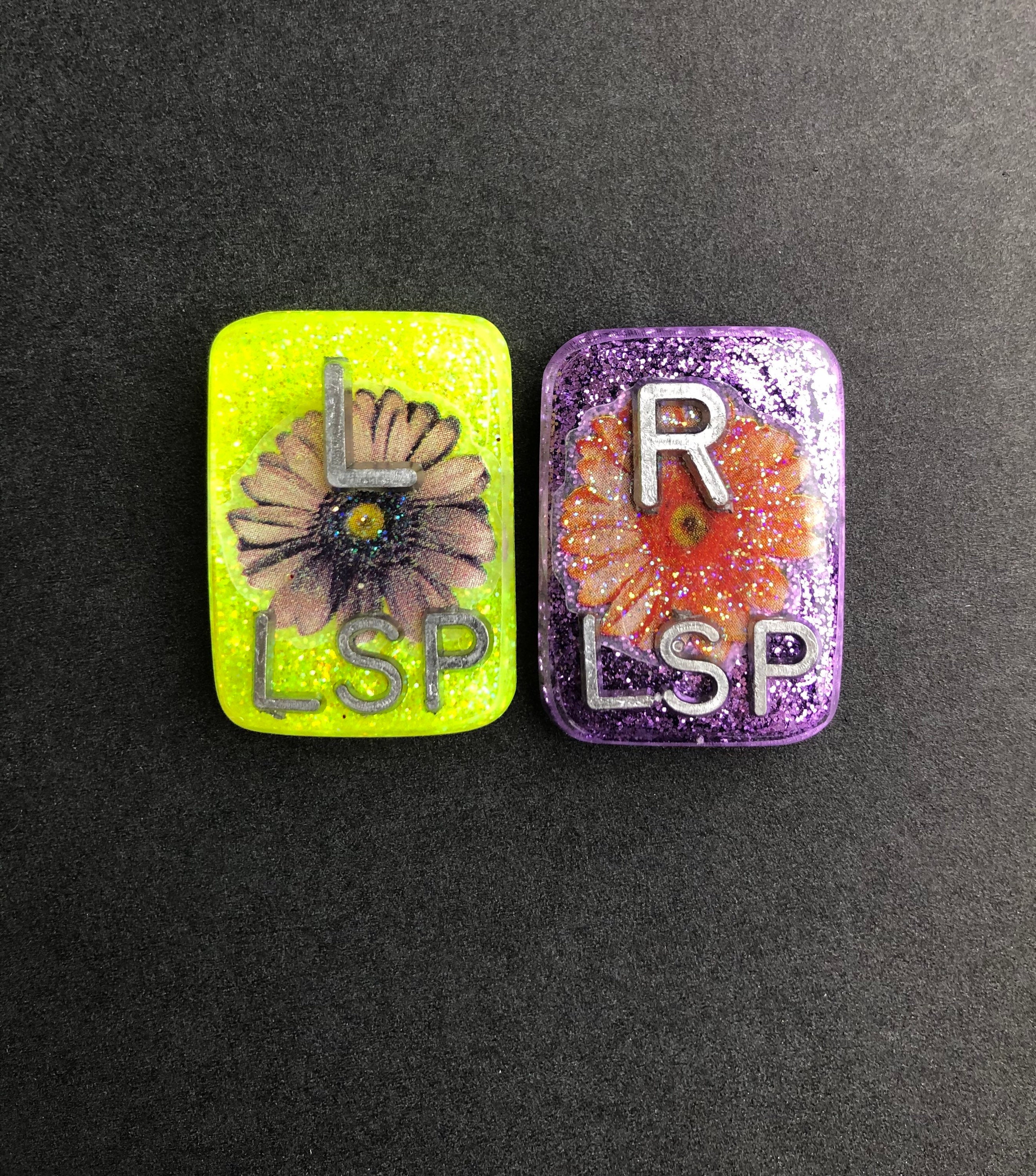 Daisy Xray Markers, With 2 or 3 Initials, Large Rectangle, Glitter, Purple and Orange