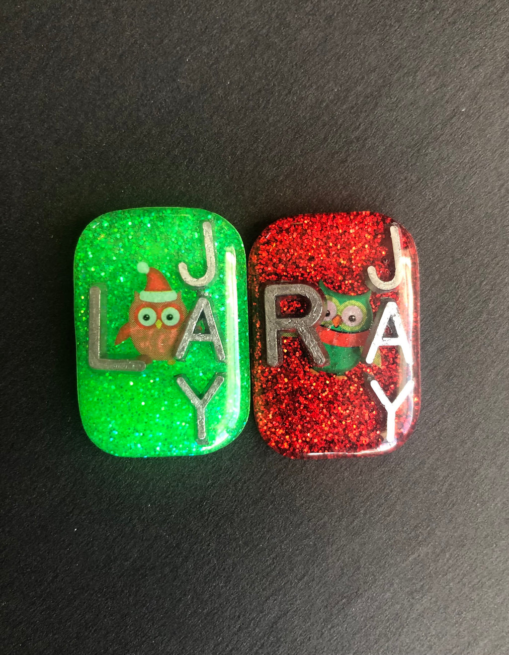 Christmas Owl Xray Markers, With 2 or 3 Initials, Small Rectangle, Glitter