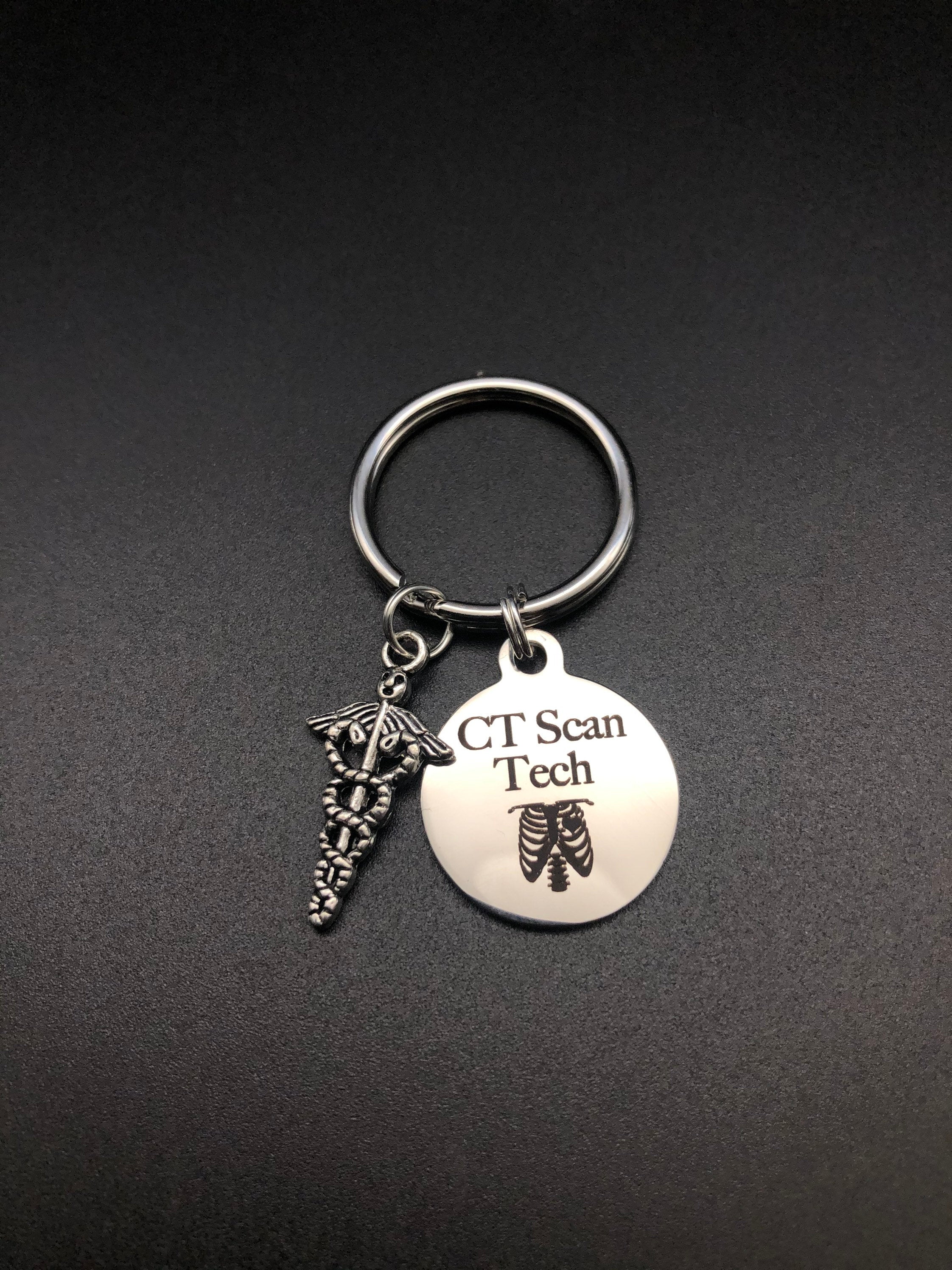 CT Scan Tech Keychain, Radiology, Graduation, Skeleton, Caduceus, Gift, Rad Tech, Cat Scan