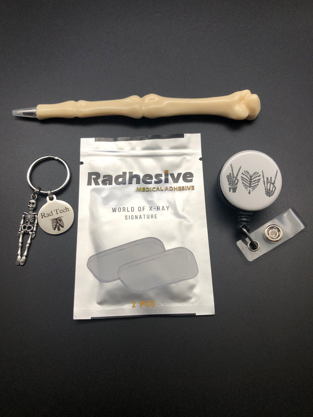 Rad Tech Gift Bundle, Rad Tech and Skeleton Keychain, Radhesive Strips, Bone Shaped Pen, Peace Love Rock On Retractable Badge Reel