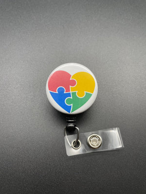 Puzzle Piece Valentine's Day Badge Holder, Retractable ID Badge Reel, Autism Awareness, Heart