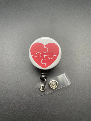 Puzzle Piece Autism Awareness Badge Holder, Retractable ID Badge Reel, Valentine's Day, Heart