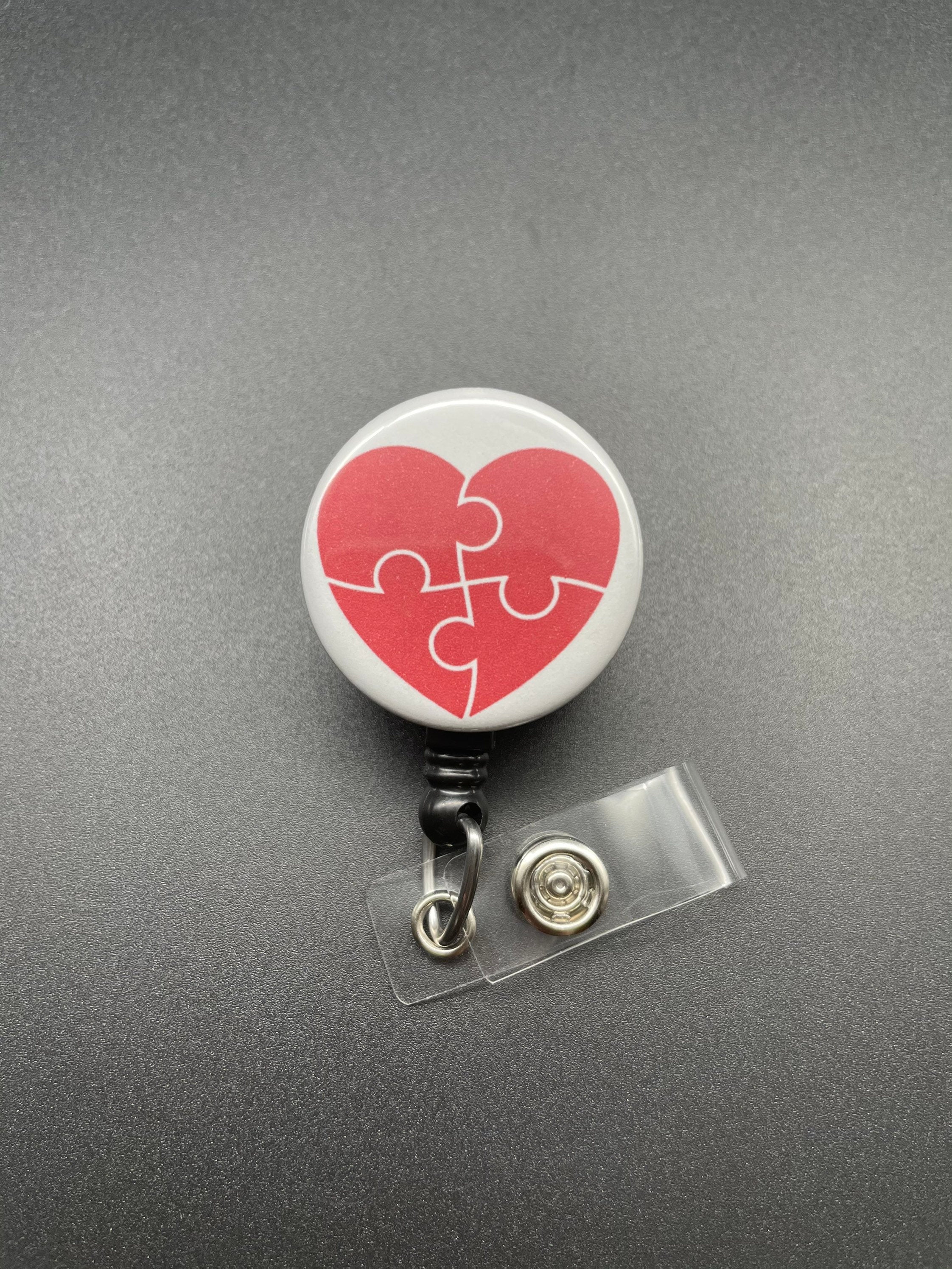 Puzzle Piece Valentine's Day Badge Holder, Retractable ID Badge Reel, Autism Awareness, Heart