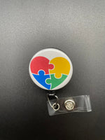 Puzzle Piece Autism Awareness Badge Holder, Retractable ID Badge Reel, Valentine's Day, Heart