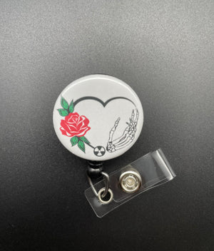 Skeleton Hand and Rose Badge Holder, Retractable ID Badge Reel, Xray Tech, Radiology, Radiation Symbol, Valentine's Day, Bones
