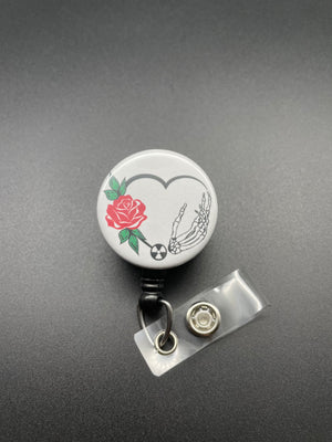 Skeleton Hand and Rose Badge Holder, Retractable ID Badge Reel, Xray Tech, Radiology, Radiation Symbol, Valentine's Day, Bones