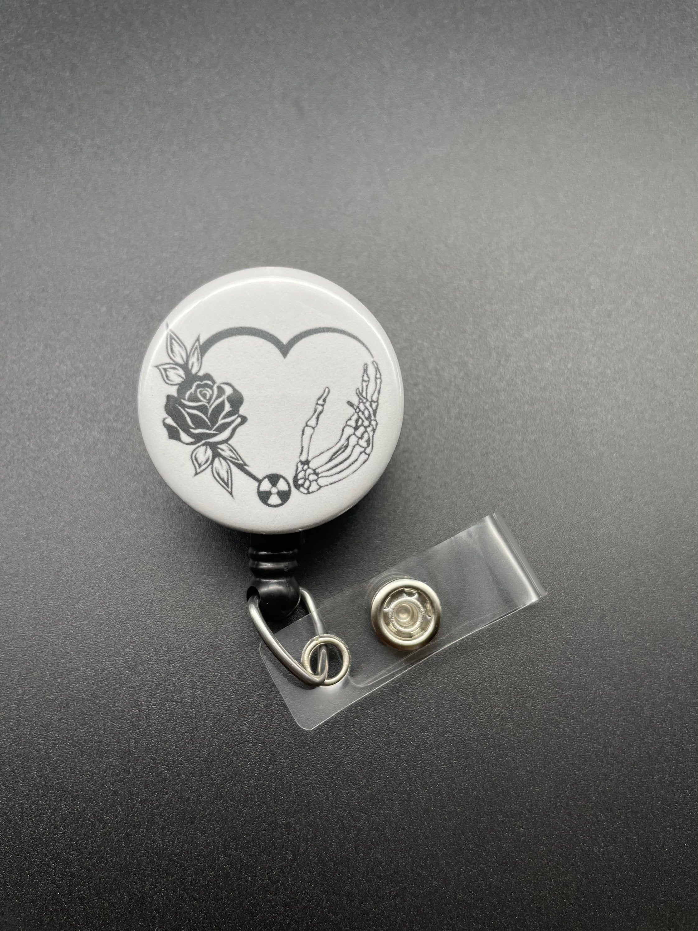 Skeleton Hand and Rose Badge Holder, Retractable ID Badge Reel, Xray Tech, Radiology, Radiation Symbol, Valentine's Day, Bones