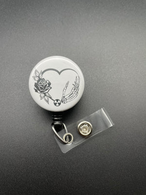 Skeleton Hand and Rose Badge Holder, Retractable ID Badge Reel, Xray Tech, Radiology, Radiation Symbol, Valentine's Day, Bones