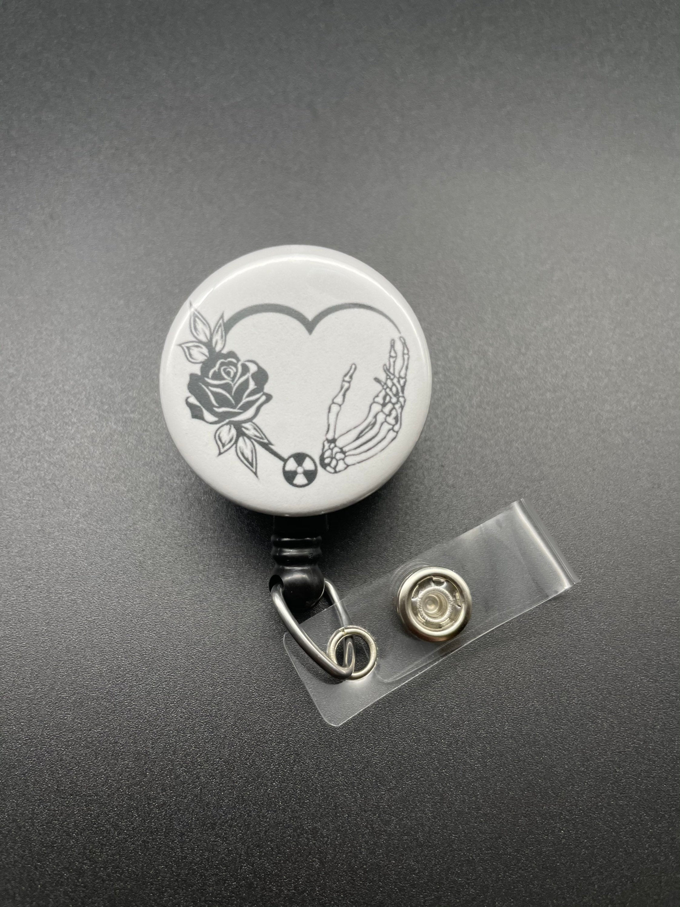 Skeleton Hand and Rose Badge Holder, Retractable ID Badge Reel, Xray Tech, Radiology, Radiation Symbol, Valentine's Day, Bones