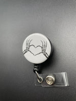 Skeleton Heart Hands, Badge Holder, Retractable ID Badge Reel, Xray Tech, Nurse, Valentine's Day, Bones