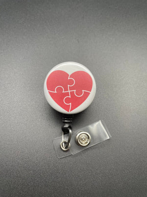 Puzzle Piece Valentine's Day Badge Holder, Retractable ID Badge Reel, Autism Awareness, Heart