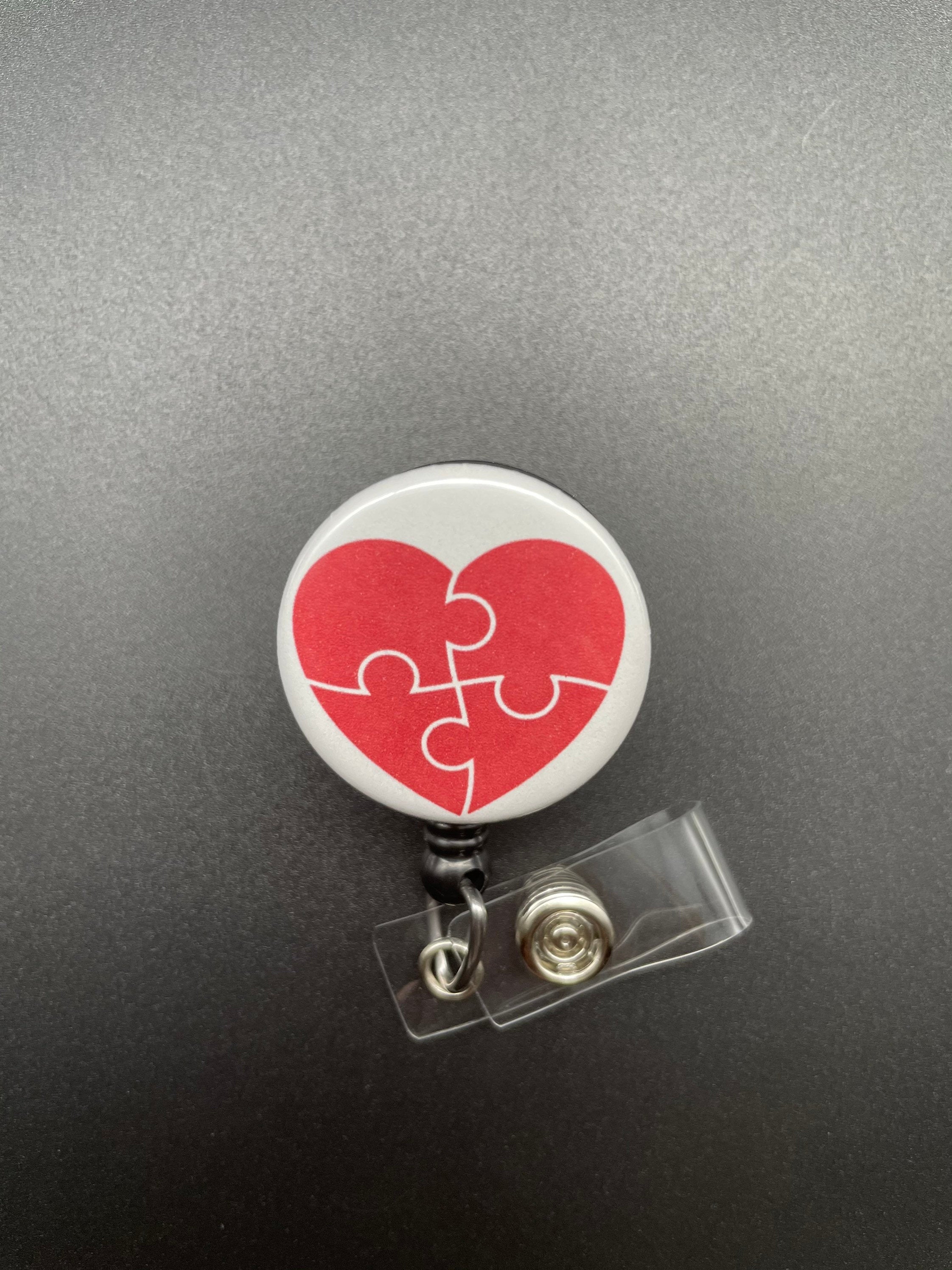 Puzzle Piece Valentine's Day Badge Holder, Retractable ID Badge Reel, Autism Awareness, Heart