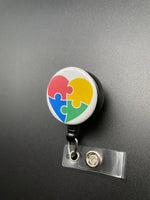 Puzzle Piece Autism Awareness Badge Holder, Retractable ID Badge Reel, Valentine's Day, Heart