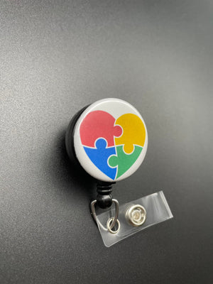 Puzzle Piece Autism Awareness Badge Holder, Retractable ID Badge Reel, Valentine's Day, Heart