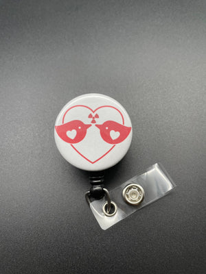 Radiology Valentine's Day Badge Holder, Retractable ID Badge Reel, Heart, Two Birds, Radiation Symbol, Xray Tech