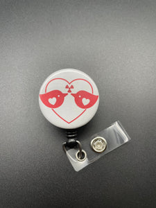 Radiology Valentine's Day Badge Holder, Retractable ID Badge Reel, Heart, Two Birds, Radiation Symbol, Xray Tech