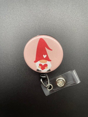 Gnome Valentine's Day Badge Holder, Retractable ID Badge Reel, Cute, Heart, Nurse