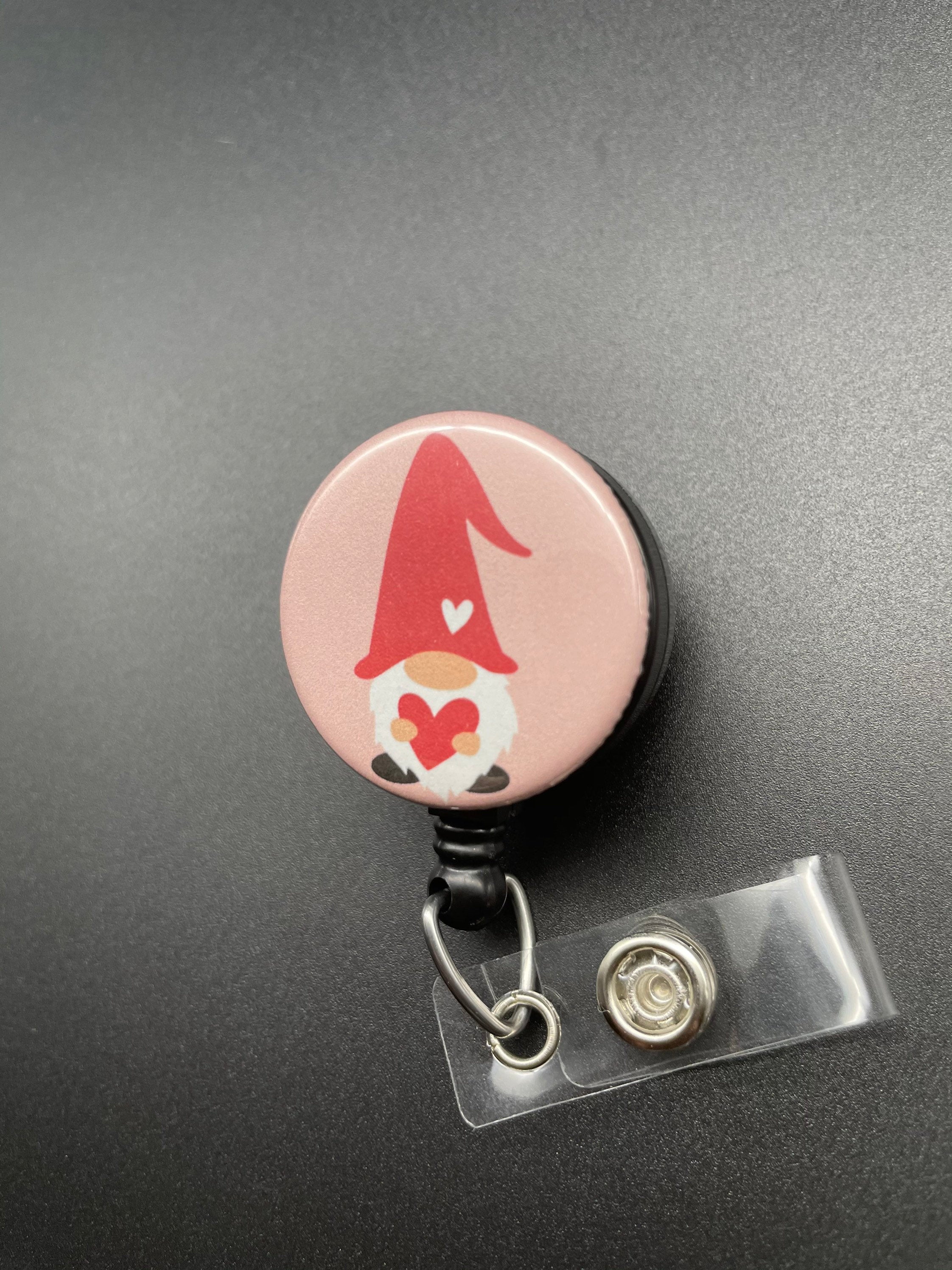 Gnome Valentine's Day Badge Holder, Retractable ID Badge Reel, Cute, Heart, Nurse