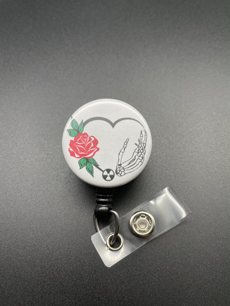 Skeleton Hand and Rose Badge Holder, Retractable ID Badge Reel
