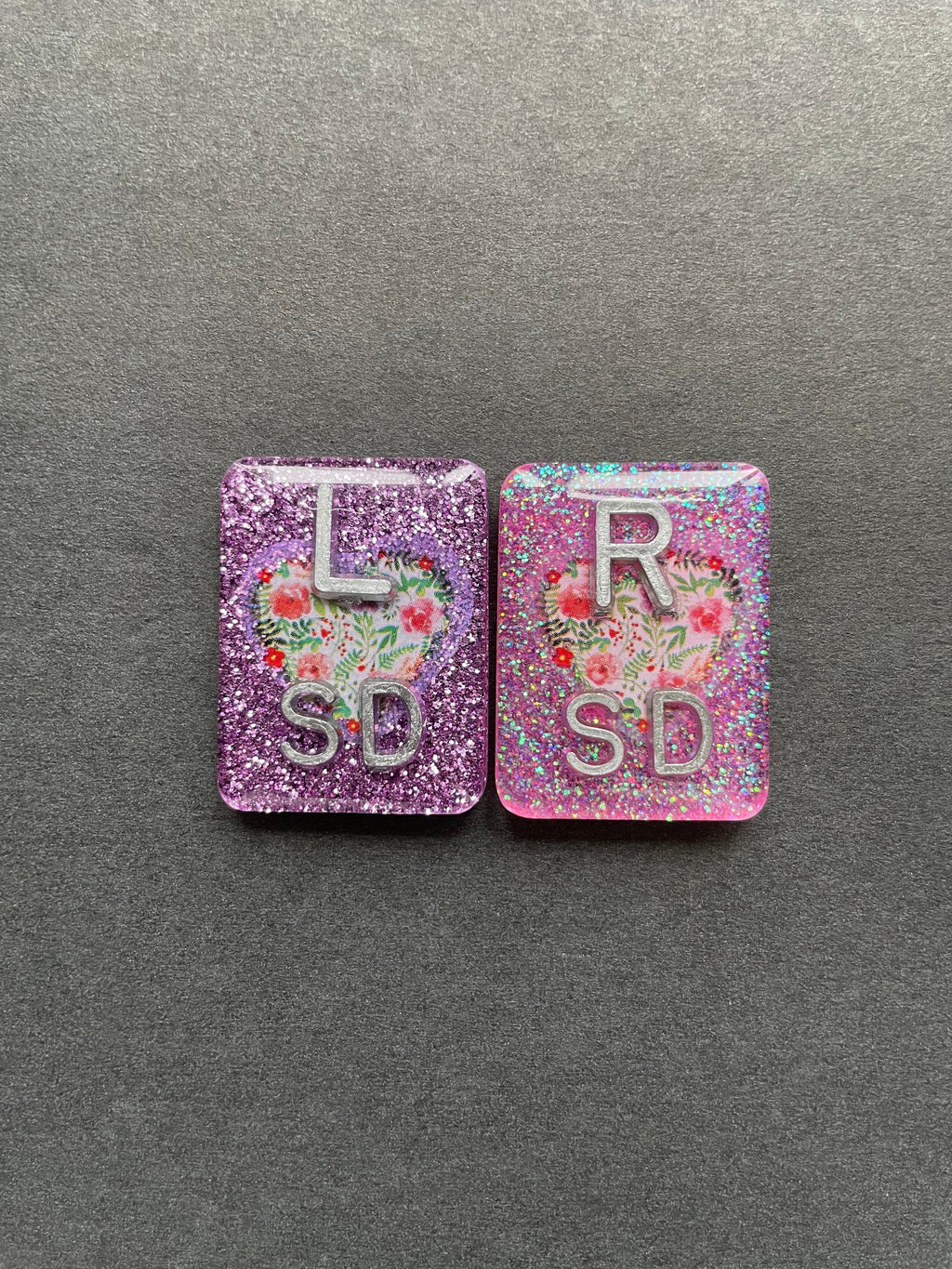 Floral Heart Xray Markers, With 2 or 3 Initials, Large Rectangle, Glitter, Flowers