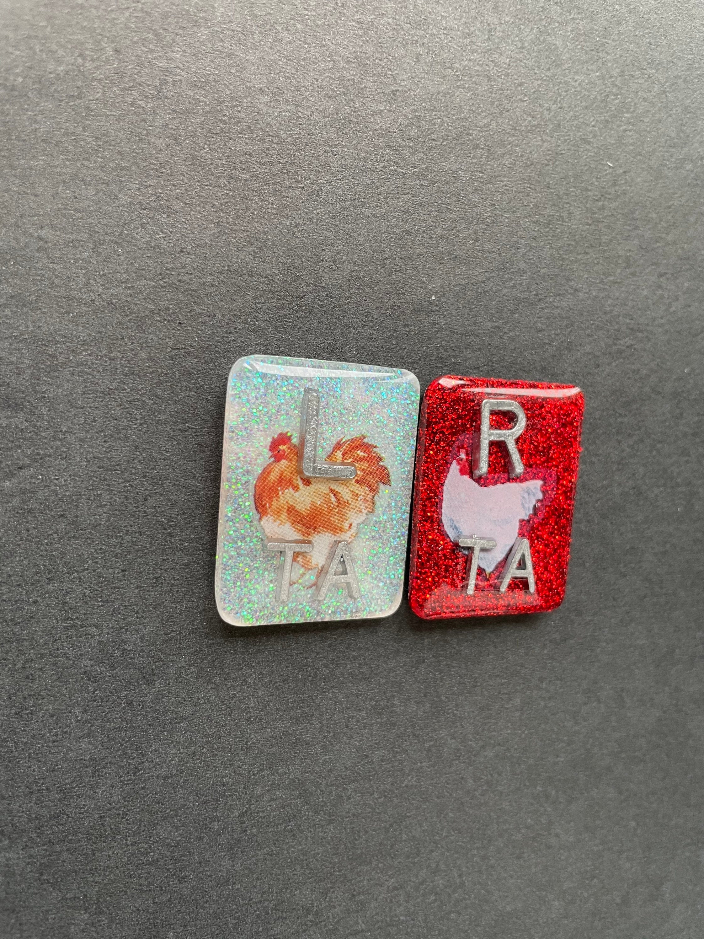 Chicken Xray Markers, Rectangle, Glitter, With 2 or 3 Initials, Brown & White, Farm