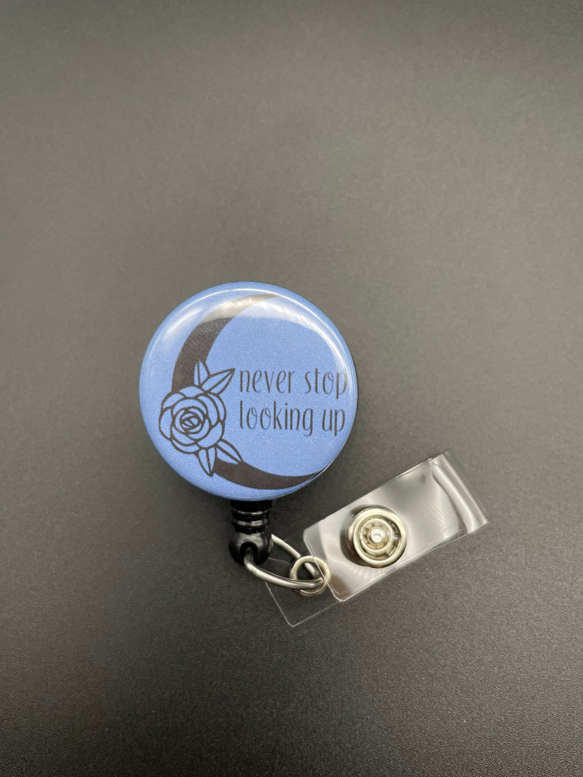 Never Stop Looking Up Retractable Badge Holder, Moon, Rose, Night Sky, Crescent Moon, Celestial, Reel