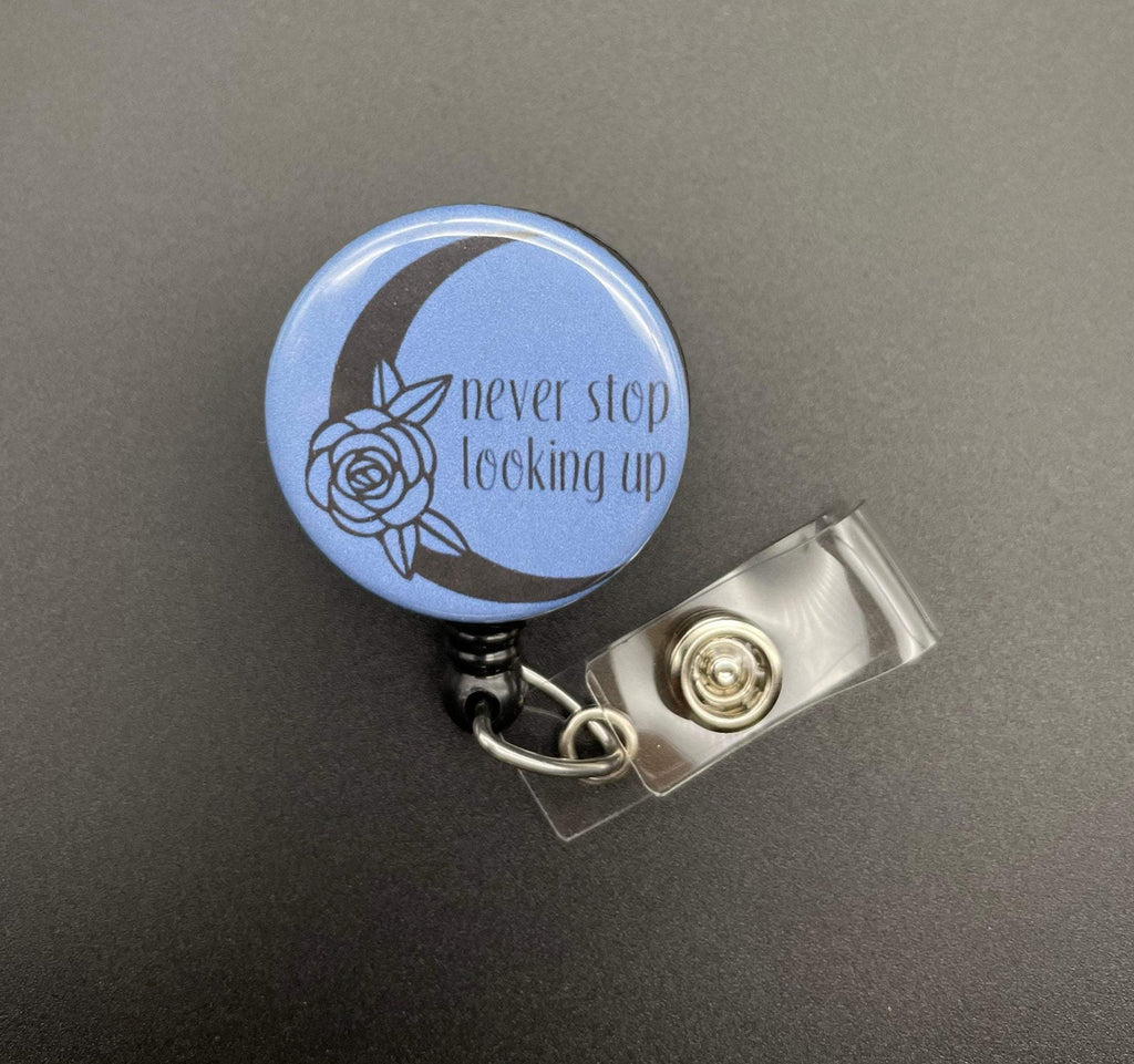 Never Stop Looking Up Retractable Badge Holder, Moon, Rose, Night Sky, Crescent Moon, Celestial, Reel