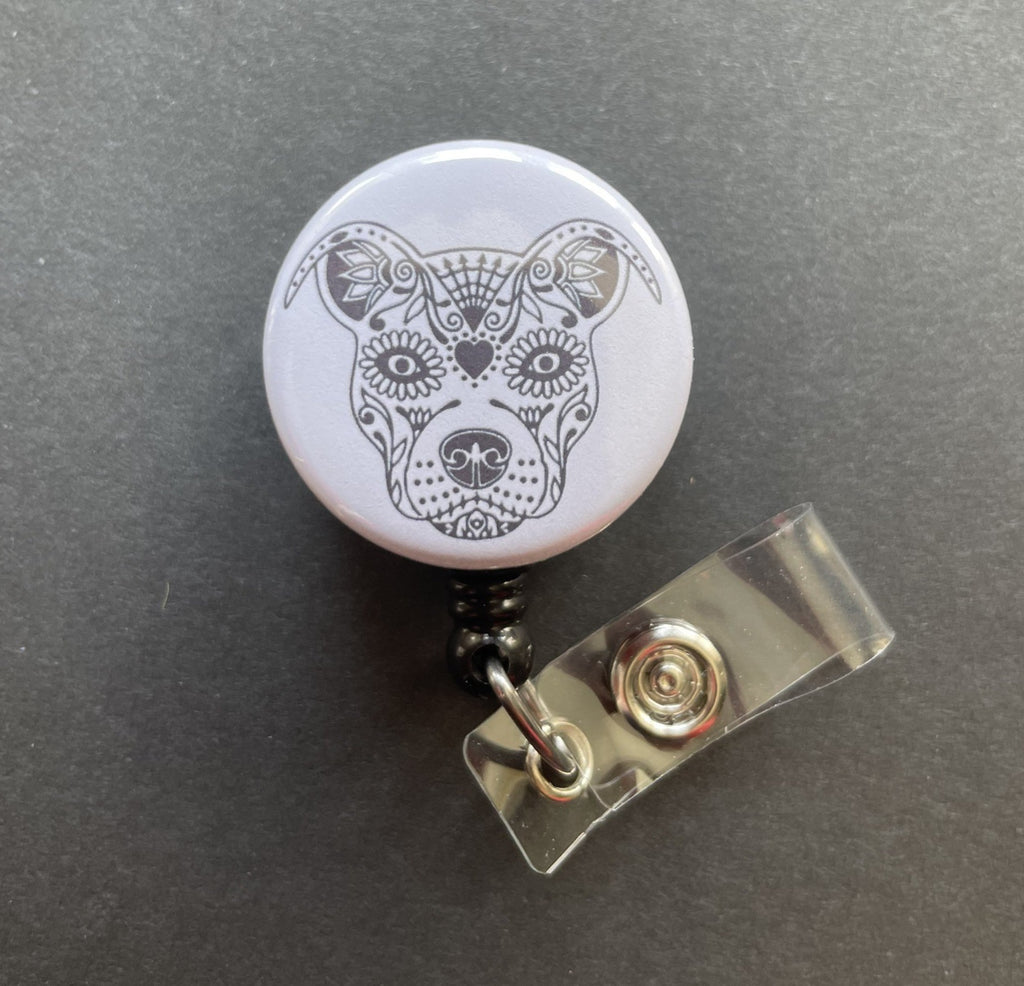 Sugar Skull Pitbull Retractable ID Badge Holder, Pit bull, Rescue, Adopt, Dog