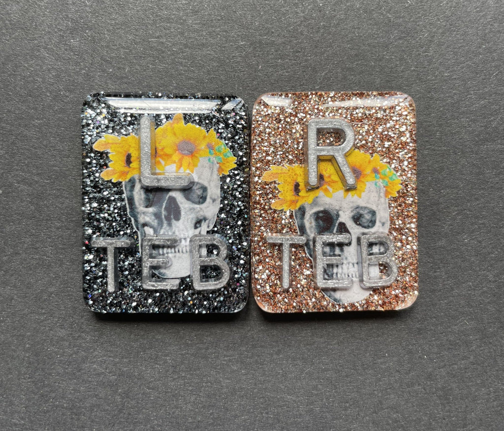 Skull and Sunflower Xray Markers, With 2 or 3 Initials, Rectangle, Glitter