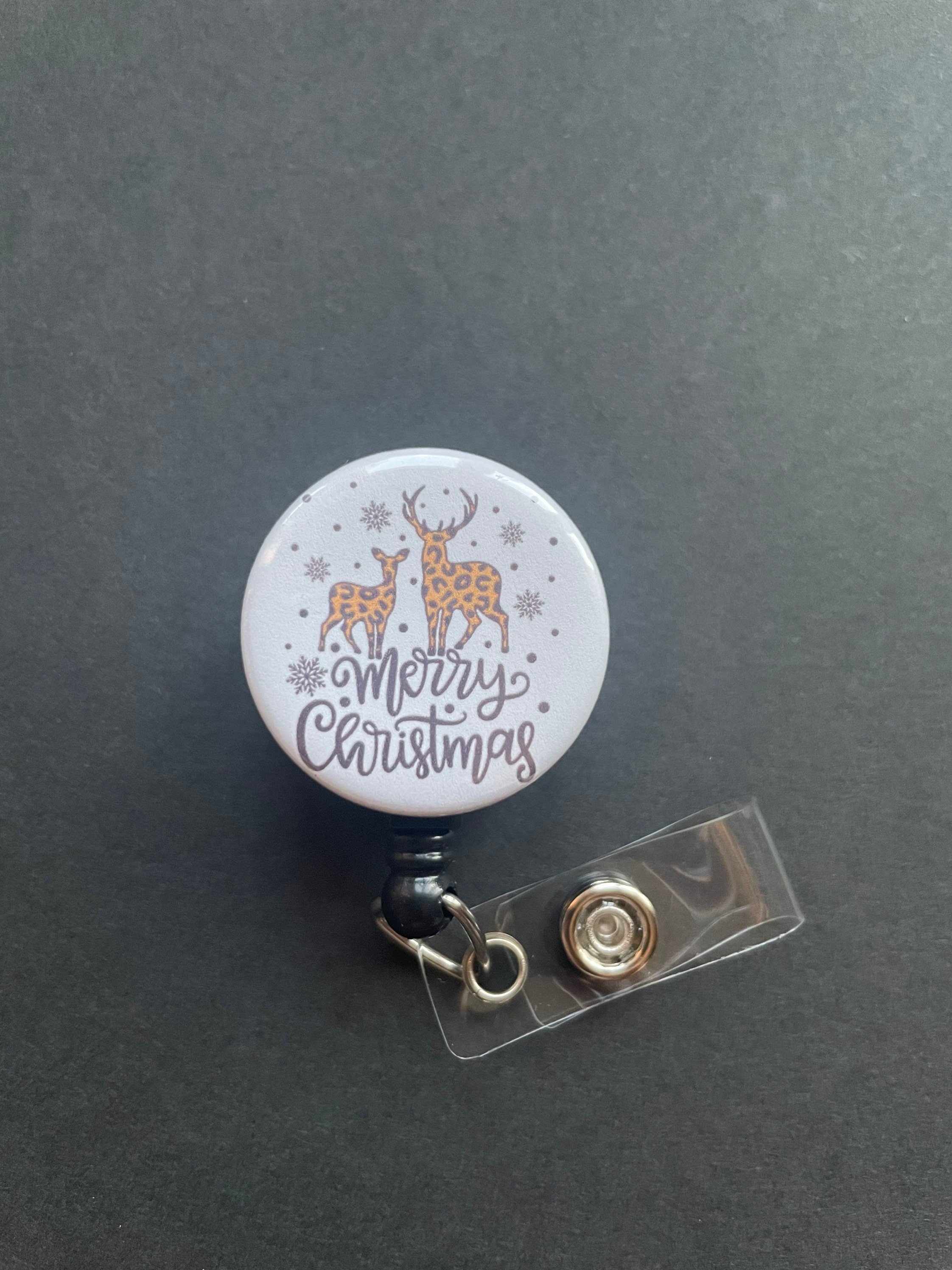 Merry Christmas Reindeer Badge Holder, Retractable ID Badge, Gift, Holiday, Cheetah Print, Cute