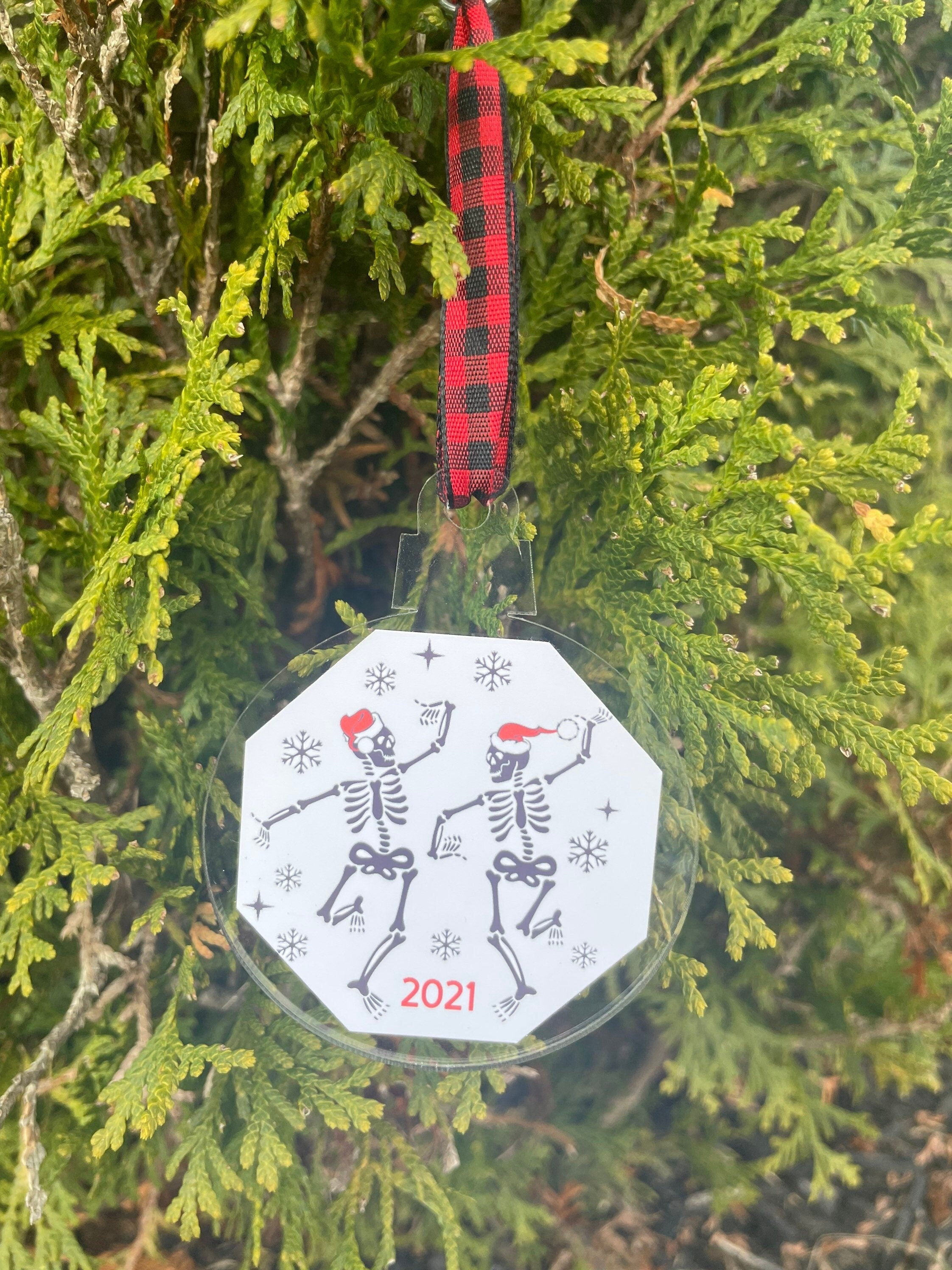 Dancing Skeletons, Christmas, Ornament, Skull, When You're Dead Inside But It's Christmas, 2021, Buffalo Plaid, Santa Hat, Red