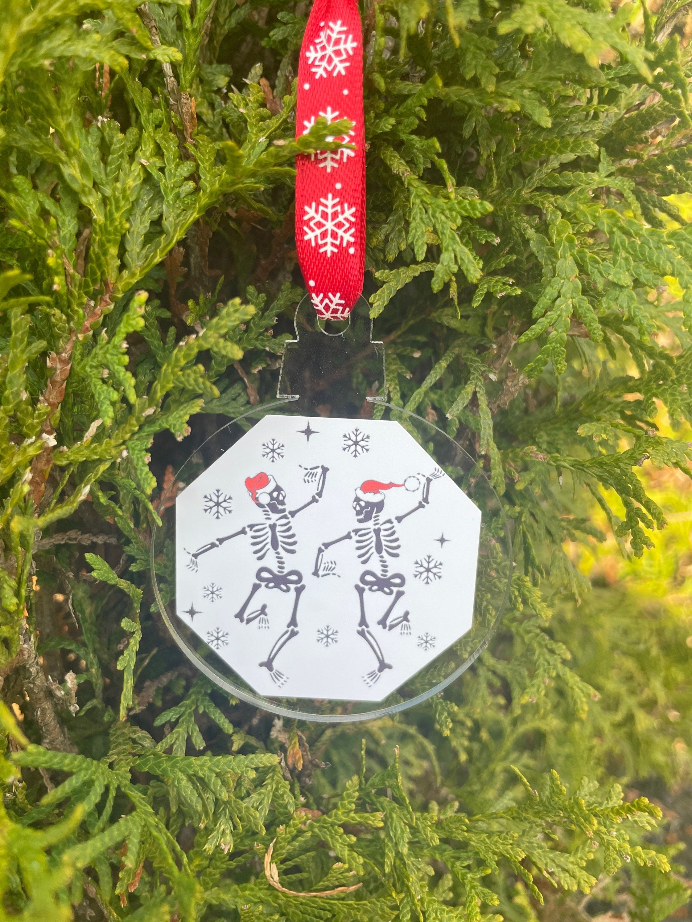 Dancing Skeletons, Christmas, Ornament, Skull, When You're Dead Inside But It's Christmas, 2021, Buffalo Plaid, Santa Hat, Red