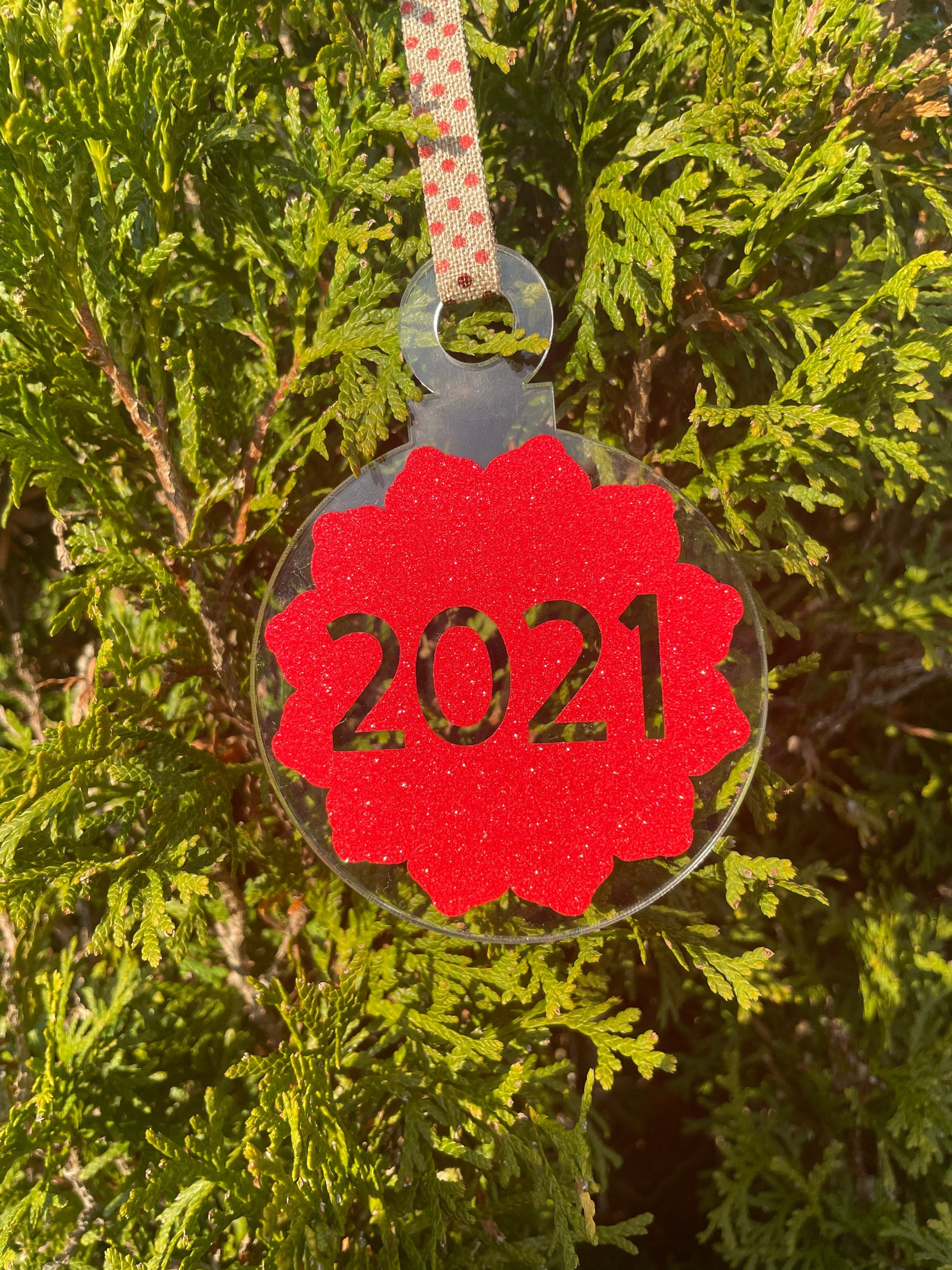 2021 Christmas Ornament, Red Glitter, Ribbon, Acrylic, Shatterproof