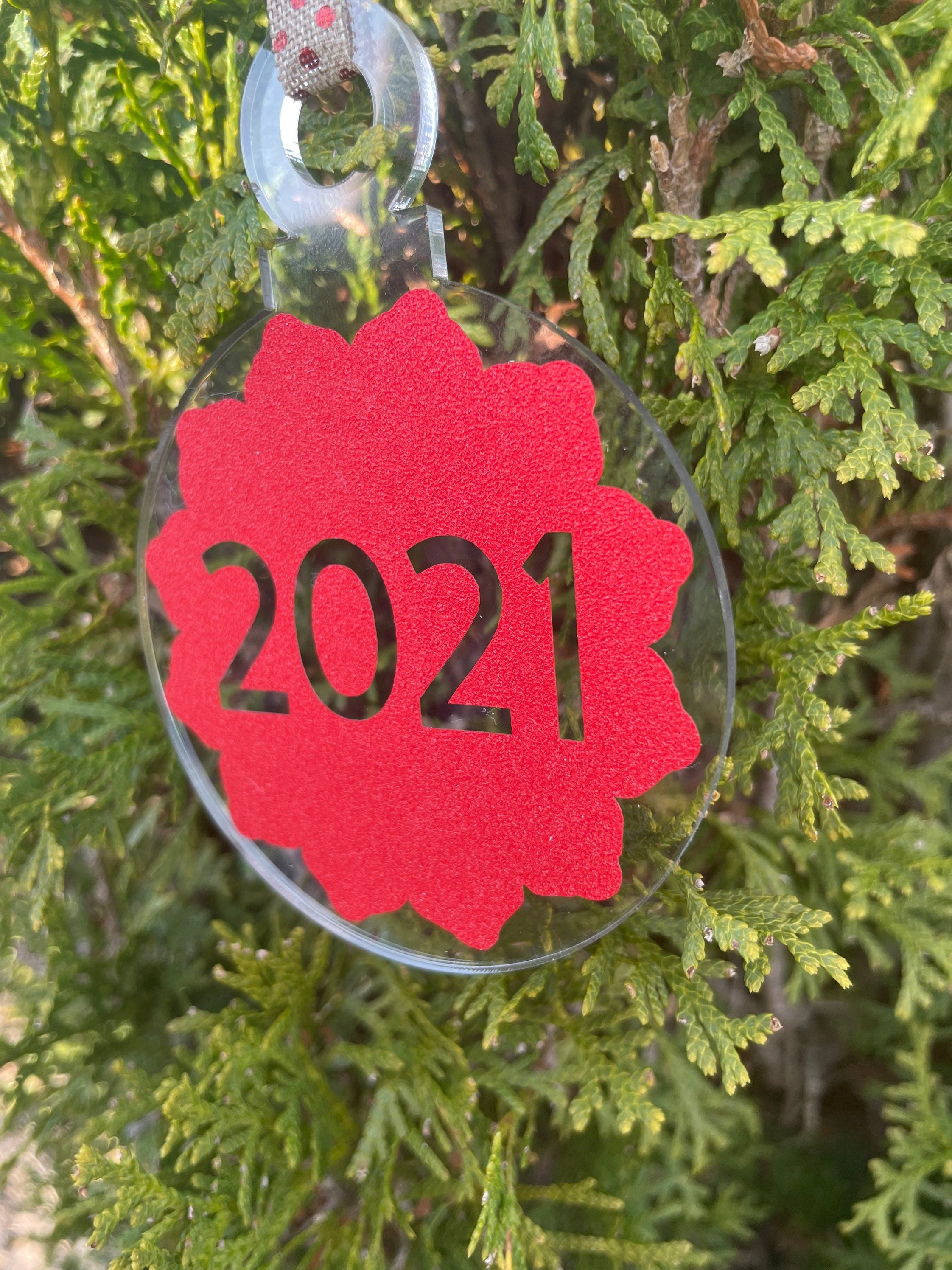 2021 Christmas Ornament, Red Glitter, Ribbon, Acrylic, Shatterproof