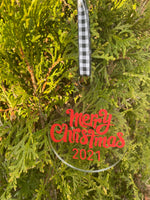 2021 Christmas Ornament, Red, Silver, Ribbon, Acrylic, Shatterproof, Buffalo Plaid, Merry Christmas