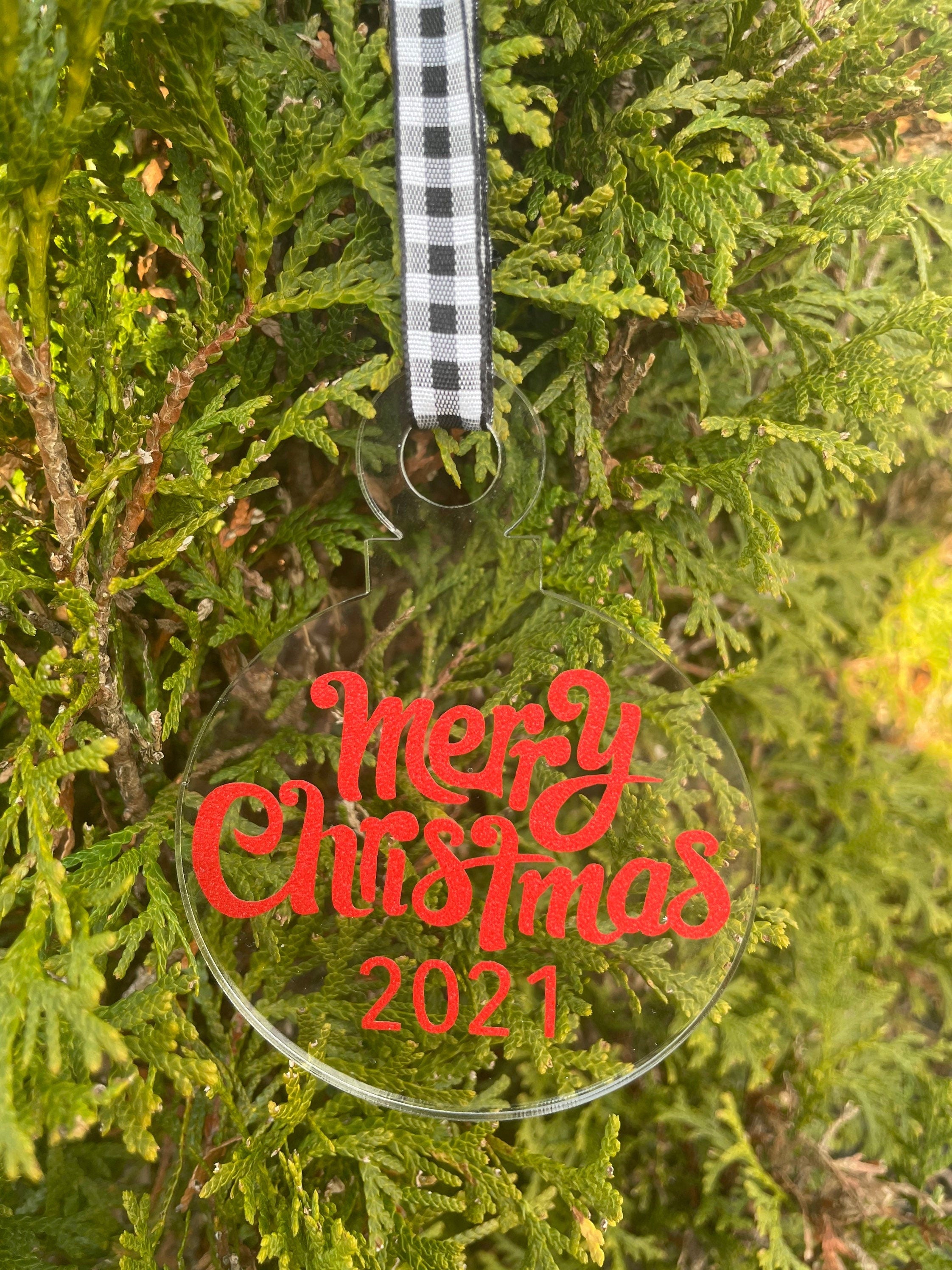 2021 Christmas Ornament, Red, Silver, Ribbon, Acrylic, Shatterproof, Buffalo Plaid, Merry Christmas