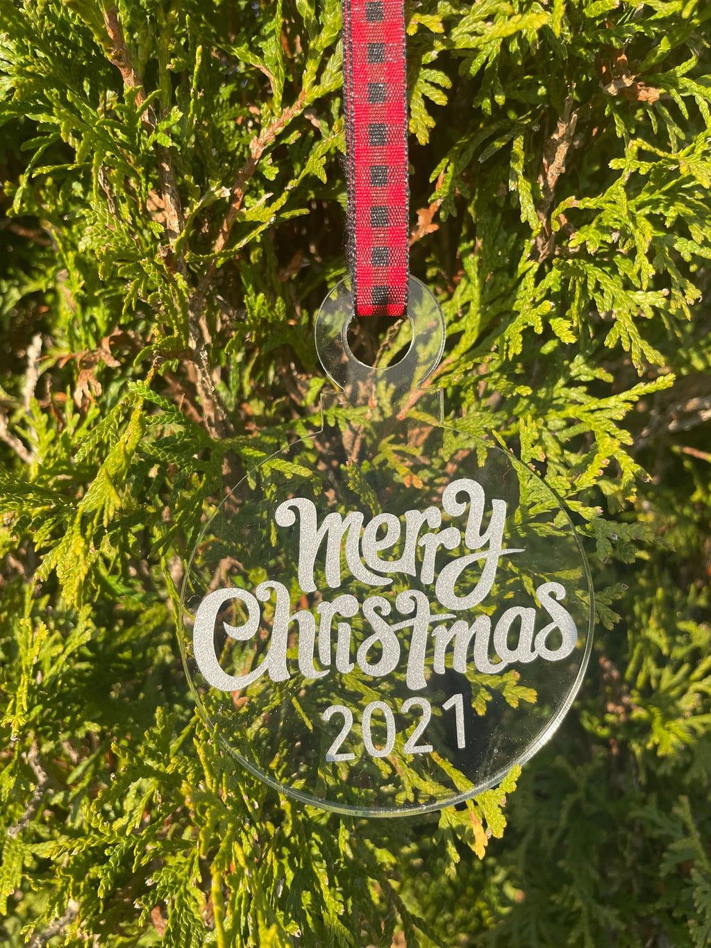 2021 Christmas Ornament, Red, Silver, Ribbon, Acrylic, Shatterproof, Buffalo Plaid, Merry Christmas, Year