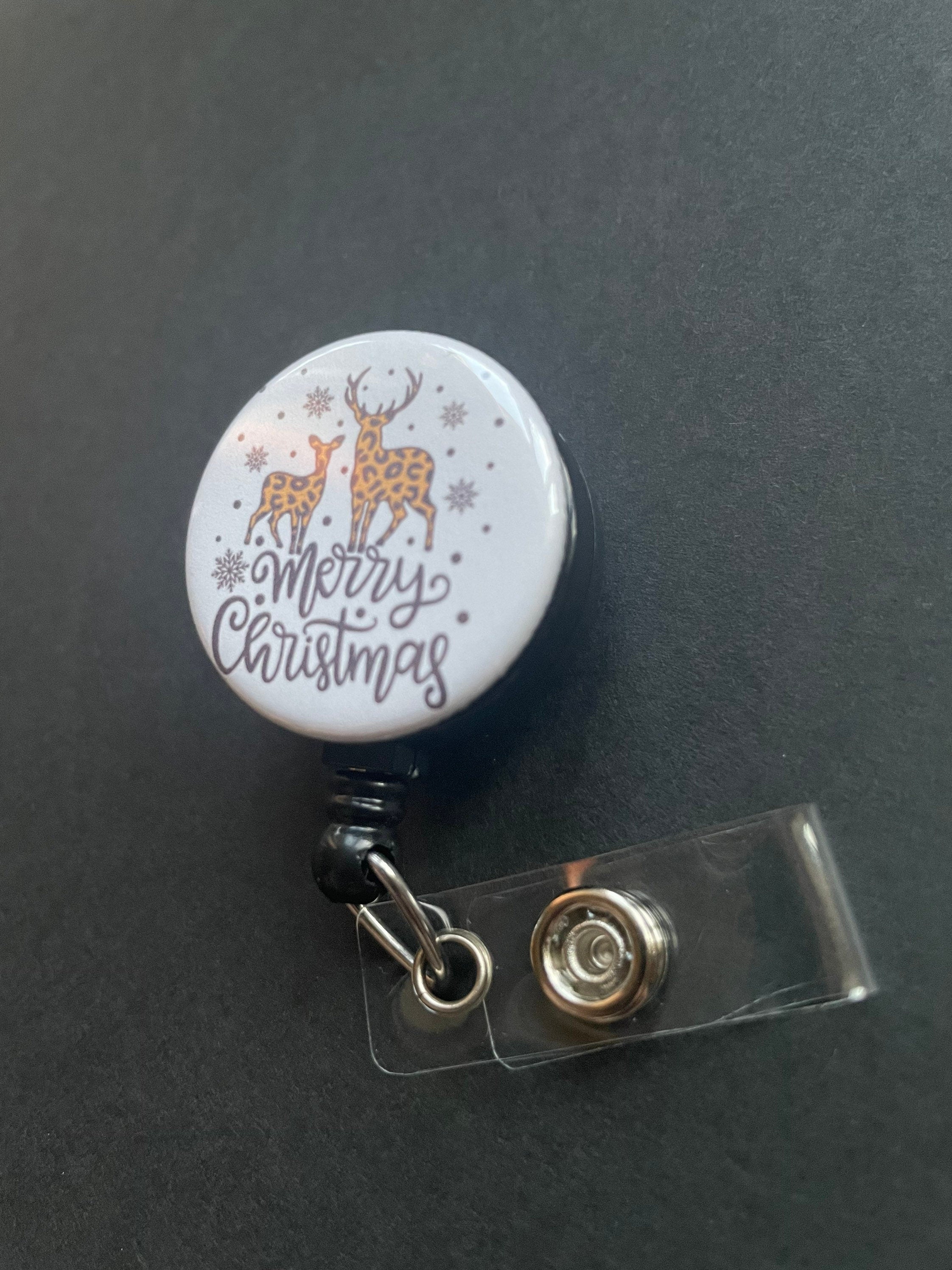 Merry Christmas Reindeer Badge Holder, Retractable ID Badge, Gift, Holiday, Cheetah Print, Cute