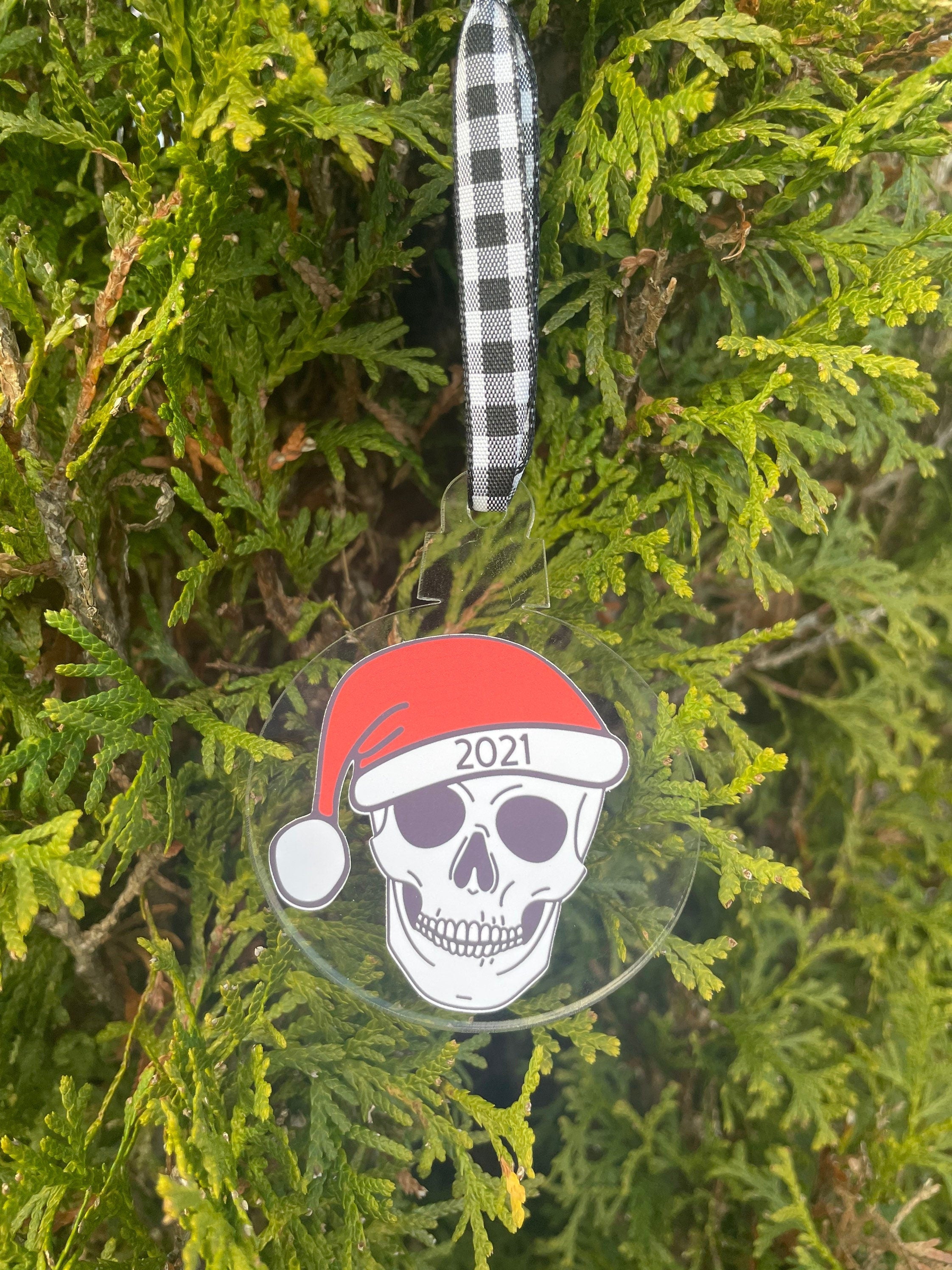 Skull with Santa Hat, Christmas, Ornament, Skull, When You're Dead Inside But It's Christmas, 2021, Buffalo Plaid, Red