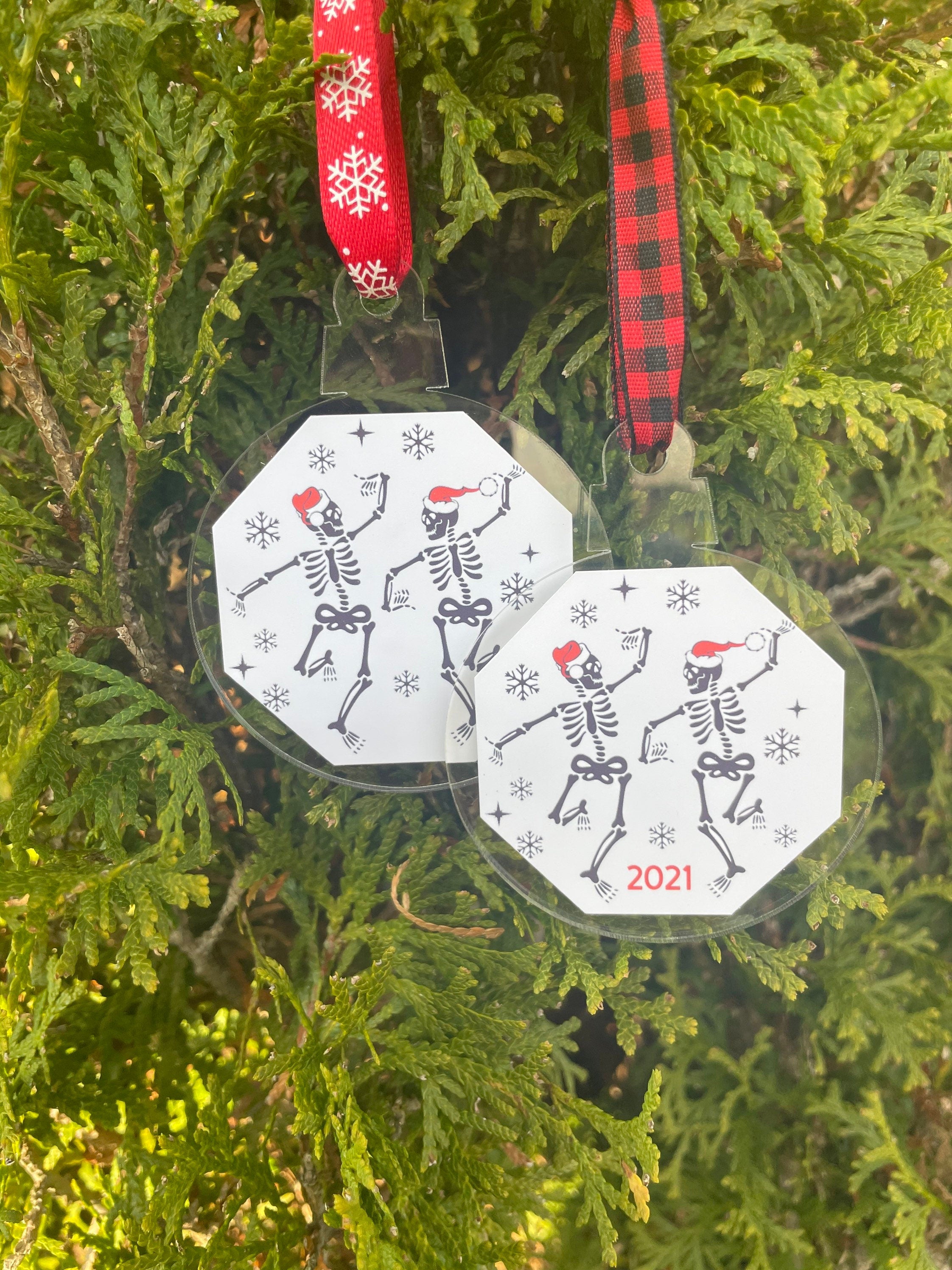 Dancing Skeletons, Christmas, Ornament, Skull, When You're Dead Inside But It's Christmas, 2021, Buffalo Plaid, Santa Hat, Red