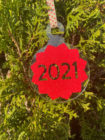 2021 Christmas Ornament, Red Glitter, Ribbon, Acrylic, Shatterproof