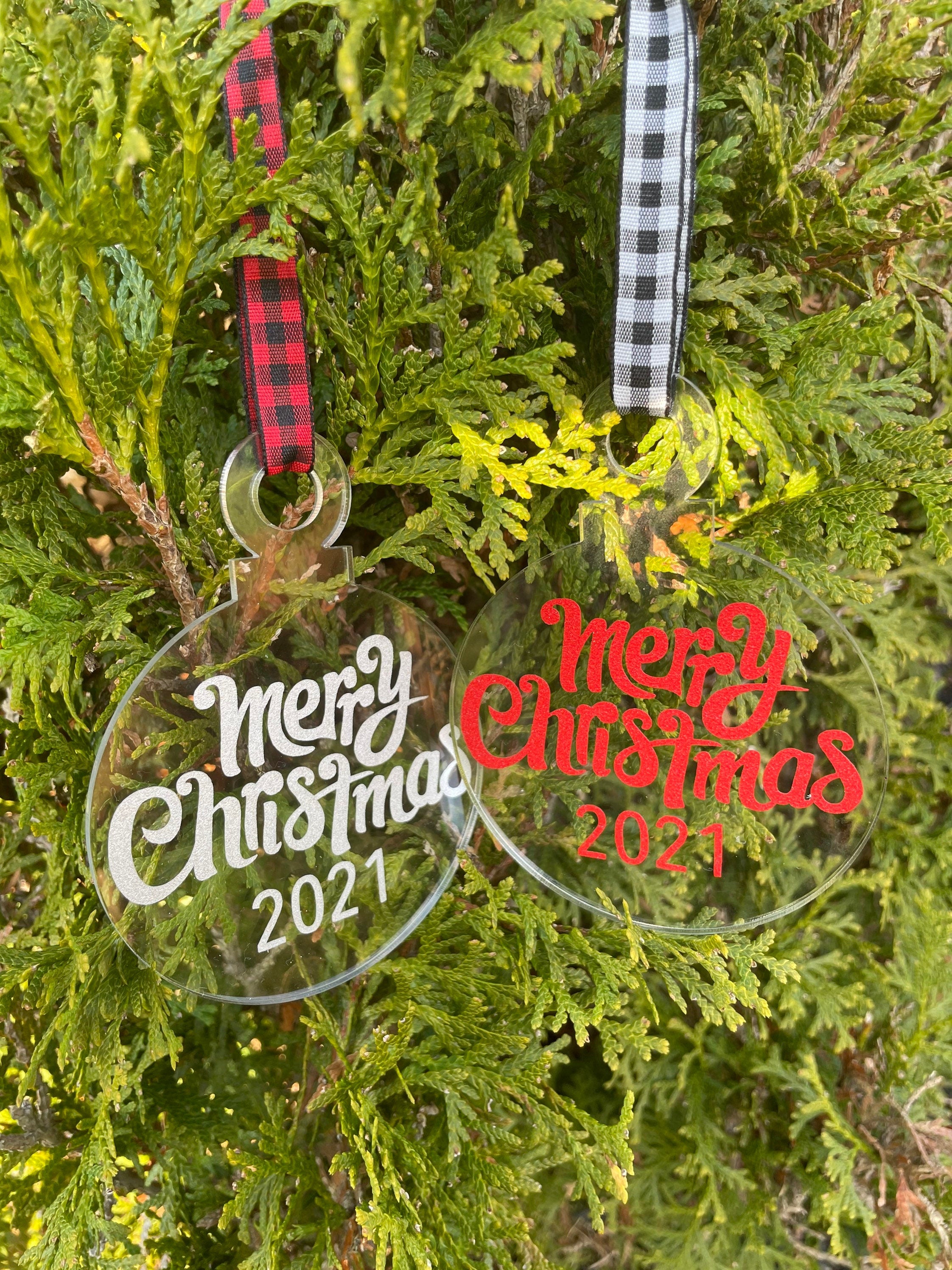 2021 Christmas Ornament, Red, Silver, Ribbon, Acrylic, Shatterproof, Buffalo Plaid, Merry Christmas