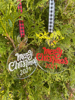 2021 Christmas Ornament, Red, Silver, Ribbon, Acrylic, Shatterproof, Buffalo Plaid, Merry Christmas